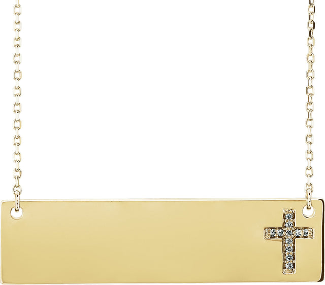 14K Gold Round Natural Diamond Engravable Cross Necklace - Yellow Gold