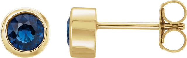 14K Gold Natural Blue Sapphire Round Bezel-Set Birthstone Stud Earrings - Yellow Gold