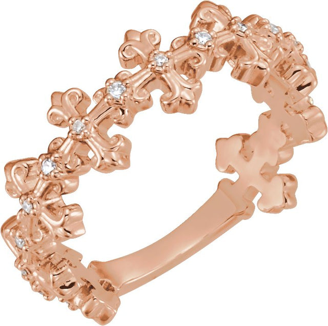 14K Gold Round Natural Diamond Cross Ring - Rose Gold