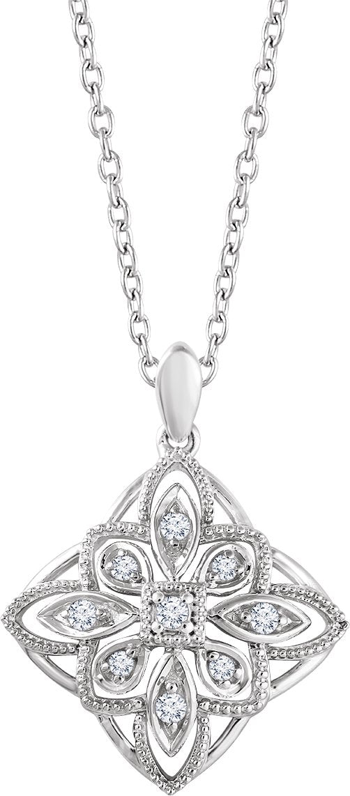 14K Gold Round Natural Diamond Granulated Filigree Necklace – 1/10 CTW