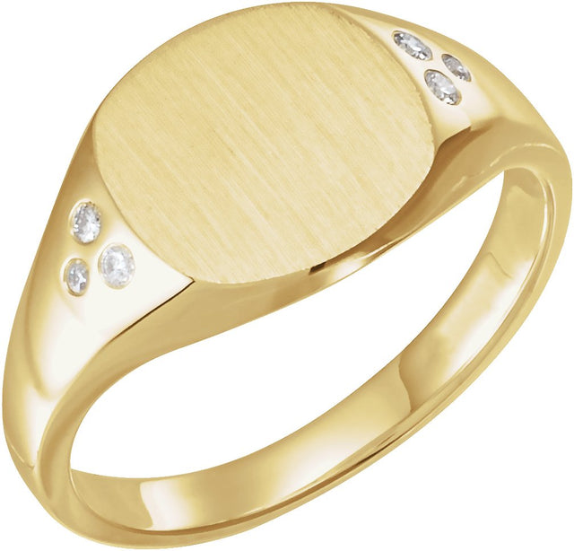 14K Gold Round Natural Diamond Engravable Square Signet Ring - Yellow Gold