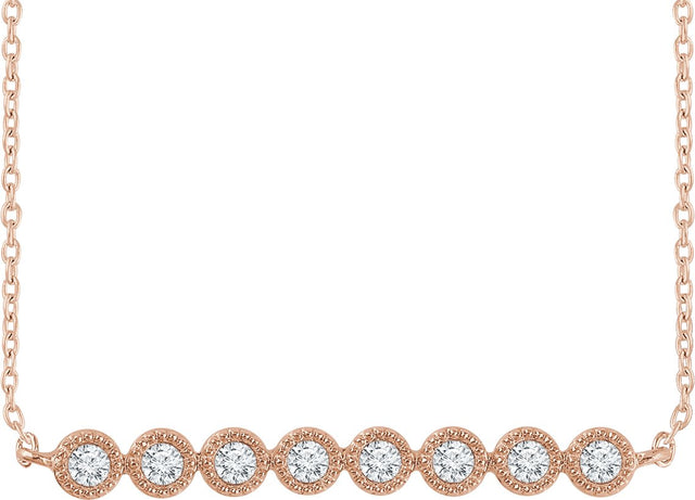 14K Gold Round Natural Diamond Beaded Bar Necklace - Rose Gold