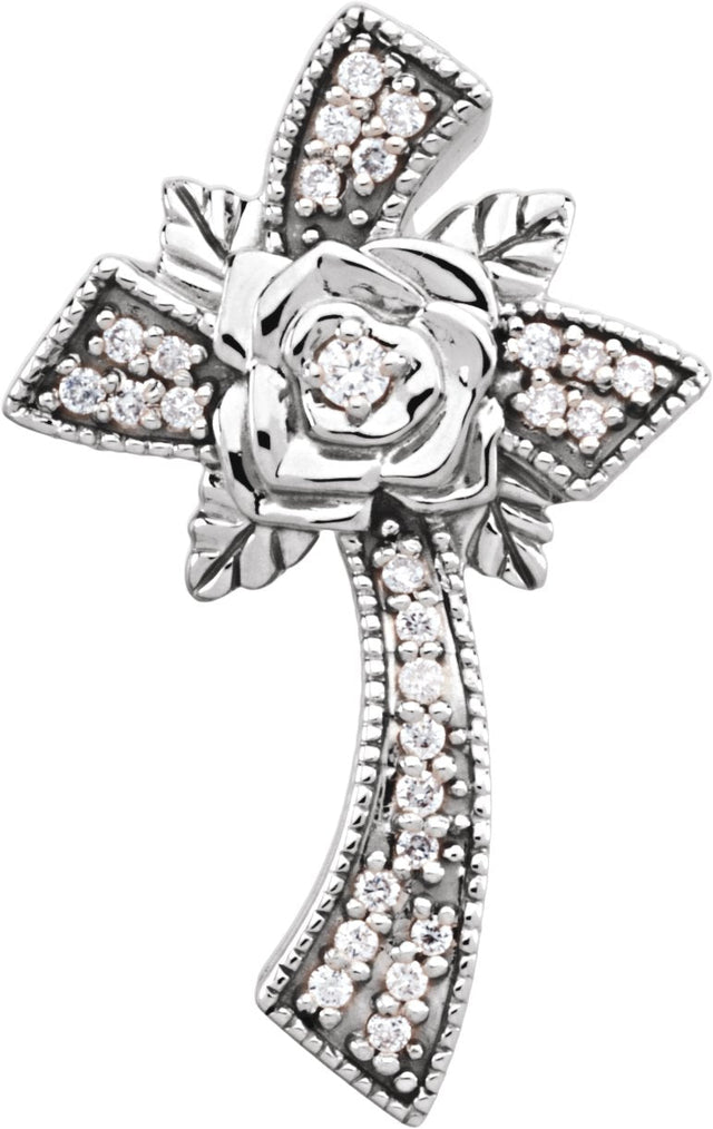 14K Gold Round Natural Diamond Floral-Inspired Cross Pendant - White Gold