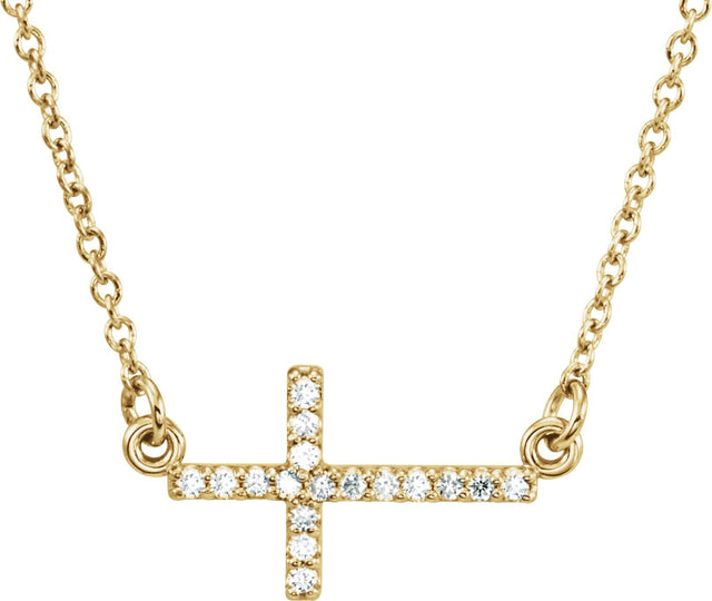 14K Gold Round Natural Diamond Sideways Cross Necklace - Yellow Gold