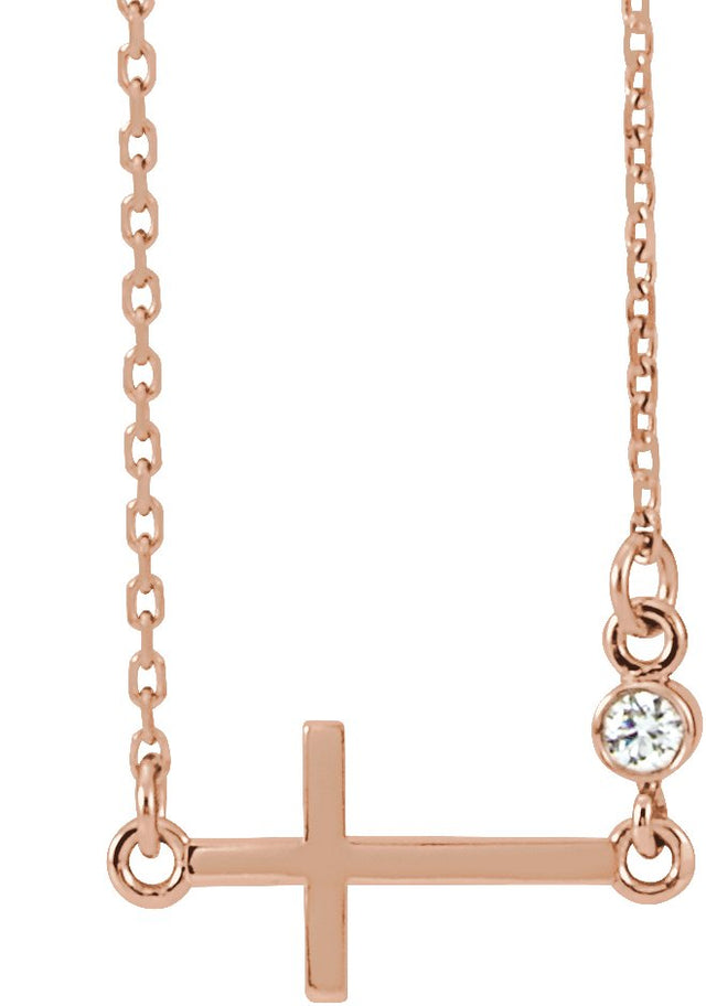 14K Gold Round Natural Diamond Accented Sideways Cross Necklace – 0.03 CTW - Rose Gold