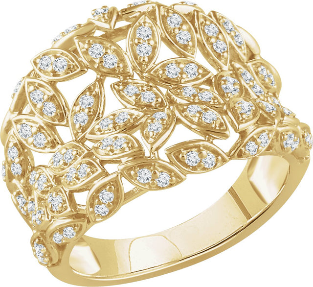 14K Gold Round Natural Diamond Leaf Ring IV - Yellow Gold
