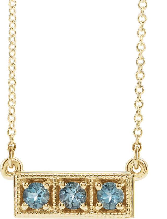 14K Gold Round Natural Aquamarine Three-Stone Bar Necklace - Yellow Gold