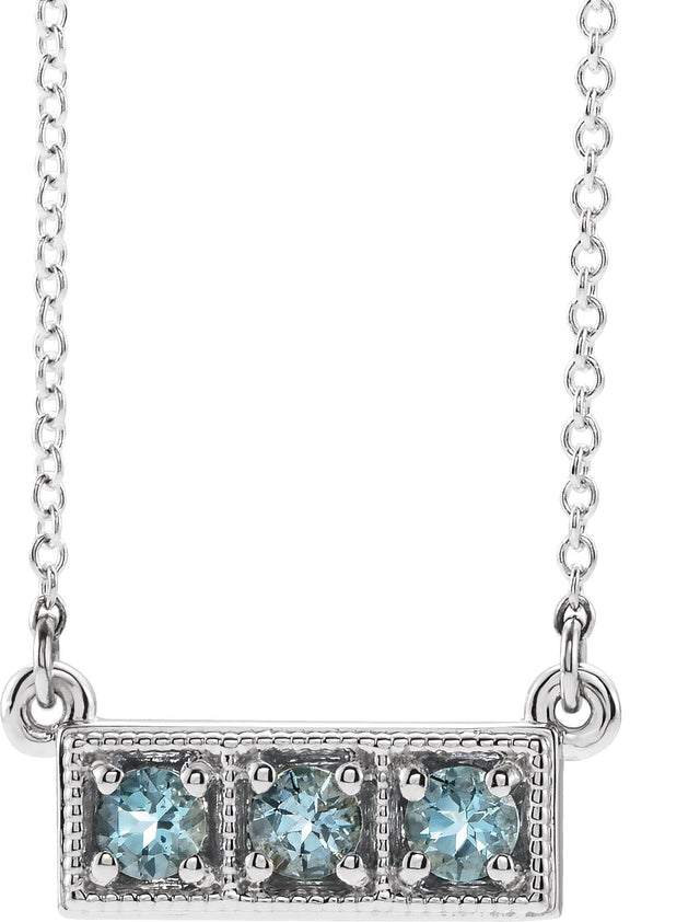 Platinum Round Natural Aquamarine Three-Stone Bar Necklace