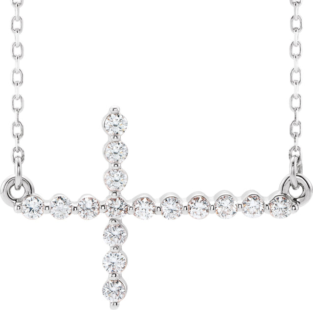 14K Gold Round Natural Diamond Sideways Cross Necklace – 23.23x15mm - White Gold