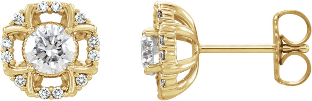 14K Gold Round Natural Diamond Halo-Style Earrings II - Yellow Gold