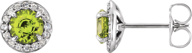 14K Gold Natural Peridot Round 4-Prong Halo-Style Earrings – 3.5-5mm Stones - White Gold