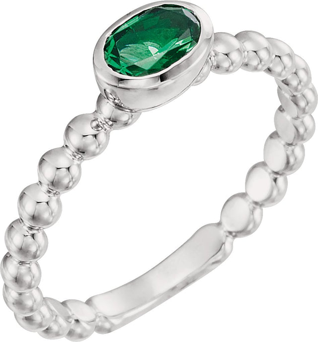 14K Gold Oval Lab-Grown Emerald Family Beaded Stackable Ring - White Gold