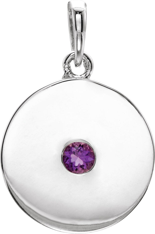 Platinum Round Natural Amethyst Disc Necklace or Pendant