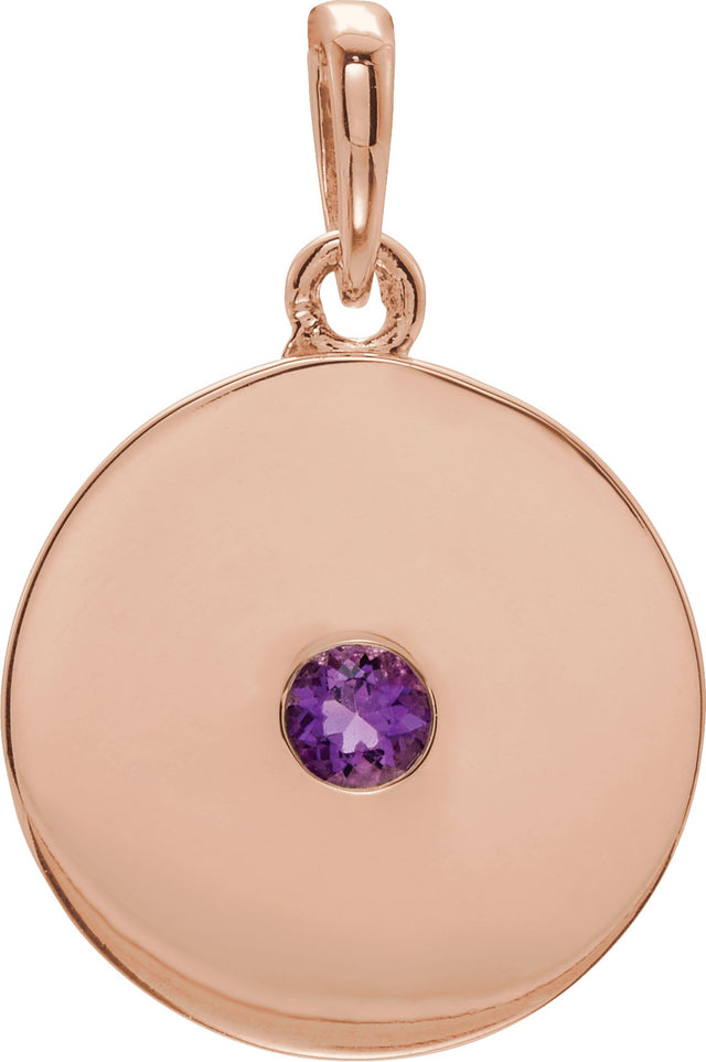 14K Gold Round Natural Amethyst Disc Necklace or Pendant - Rose Gold