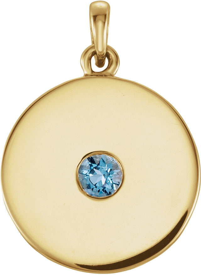 14K Gold Round Natural Aquamarine Disc Necklace or Pendant - Yellow Gold