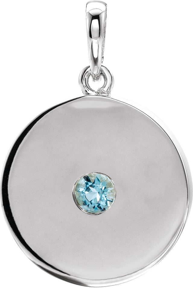 14K Gold Round Natural Blue Zircon Disc Necklace or Pendant - White Gold