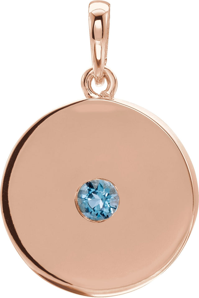 14K Gold Round Natural Aquamarine Disc Necklace or Pendant - Rose Gold