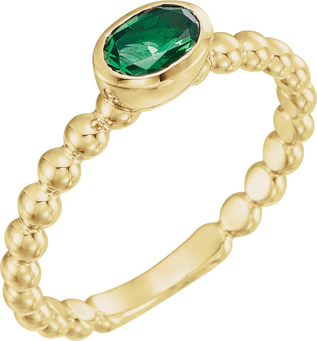14K Gold Oval Lab-Grown Emerald Family Beaded Stackable Ring - Yellow Gold