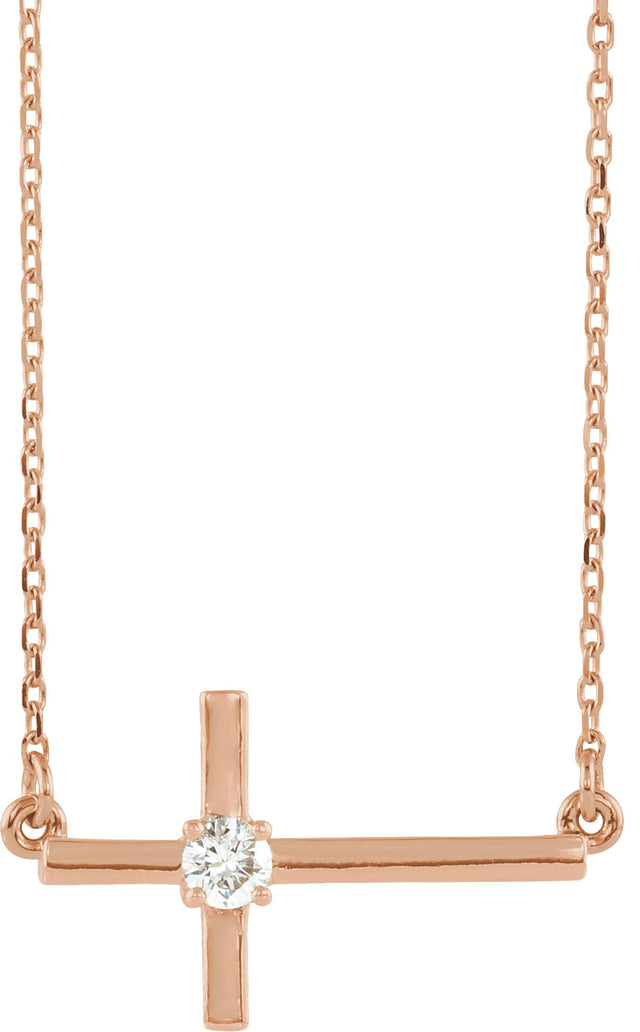 14K Gold Round Natural Diamond Sideways Cross Necklace – up to 1/10 CTW - Rose Gold