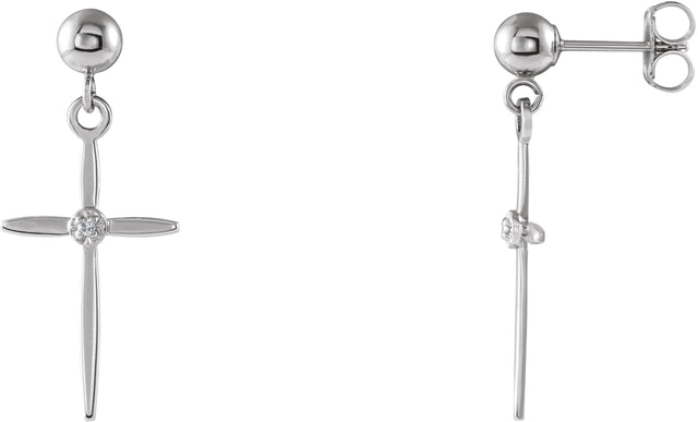 14K Gold Round Natural Diamond Cross & Ball Earrings - White Gold