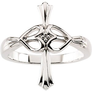 14K Gold Round Natural Diamond Hearts & Cross Accented Ring - White Gold