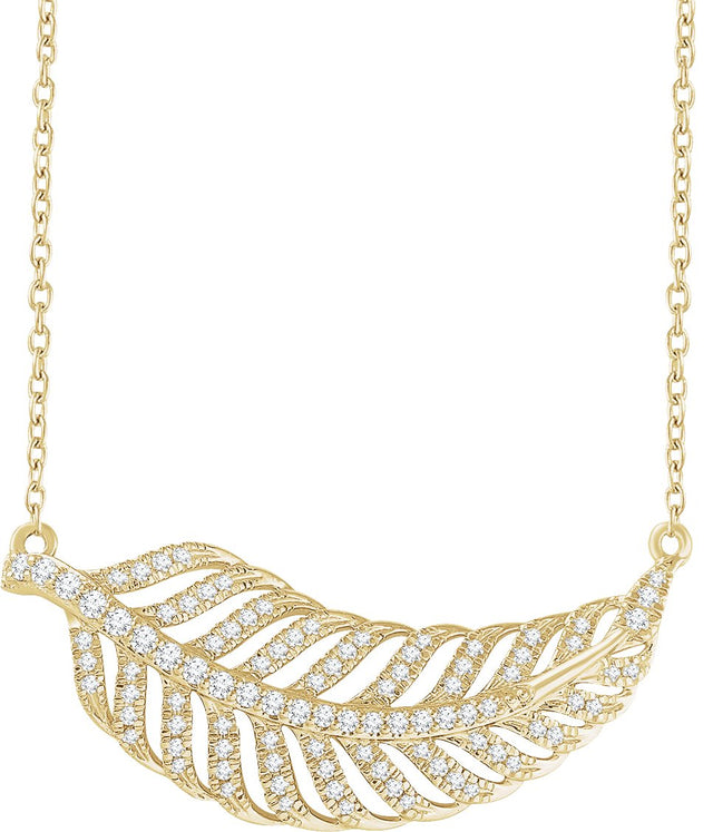 14K Gold Round Natural Diamond Leaf Necklace - Yellow Gold