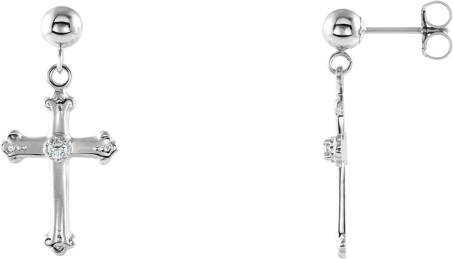 14K Gold Round Natural Diamond Cross & Ball Earrings – 1.7mm Stones - White Gold