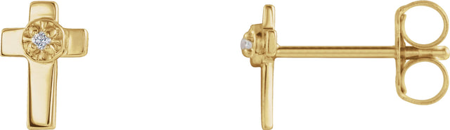 14K Gold Round Natural Diamond Accented Cross Earrings - Yellow Gold