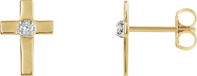 14K Gold Round Natural Diamond Accented Cross Earrings - Yellow Gold