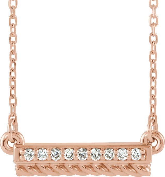 14K Gold Round Natural Diamond Rope Bar Necklace - Rose Gold
