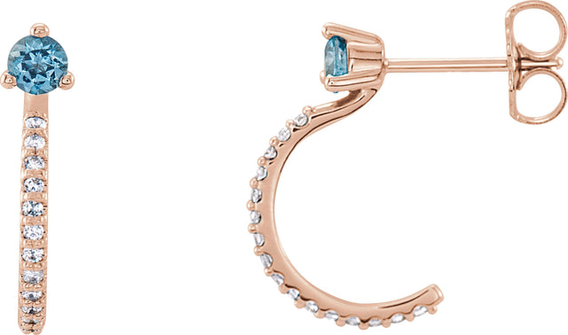 14K Gold Round Natural Aquamarine Accented J-Hoop Earrings - Rose Gold
