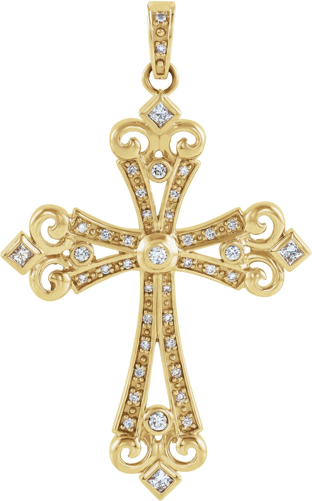 14K Gold Round Natural Diamond Fleur-de-lis Cross Pendant - Yellow Gold
