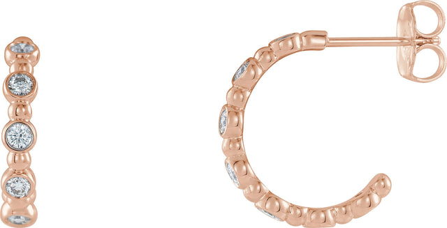 14K Gold Round Natural Diamond Accented Beaded Hoop Earrings - Rose Gold