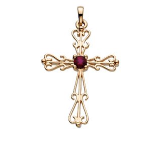 14K Gold Round Natural Ruby Cross Pendant II