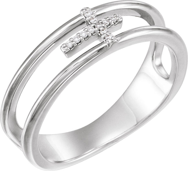 14K Gold Round Natural Diamond Negative Space Cross Ring - White Gold