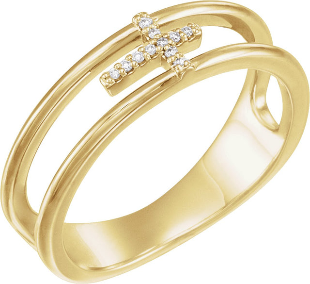 14K Gold Round Natural Diamond Negative Space Cross Ring - Yellow Gold