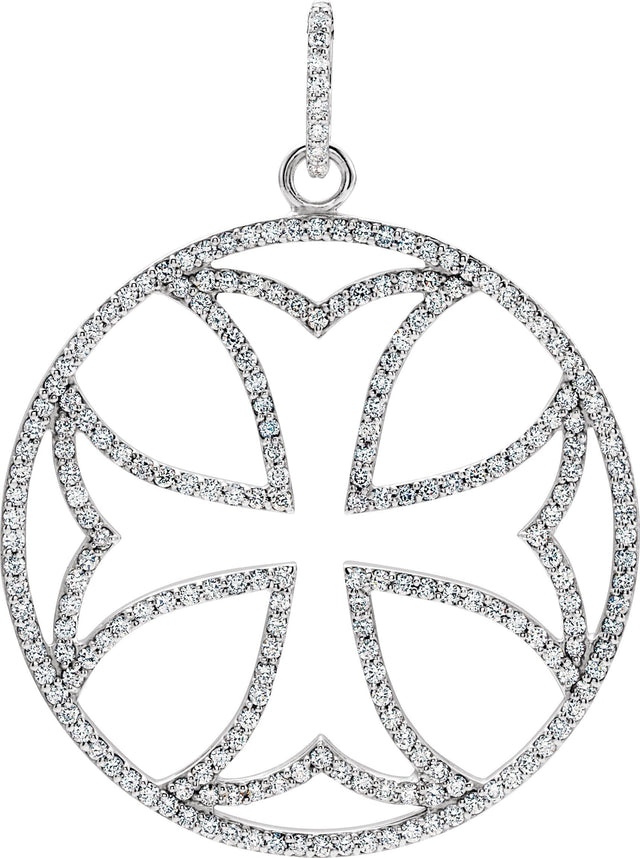 14K Gold Round Natural Diamond Maltese Cross Pendant - White Gold