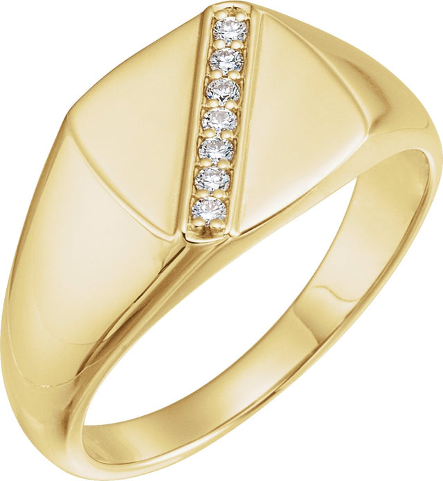 14K Gold Round Natural Diamond Square Signet Ring - Yellow Gold