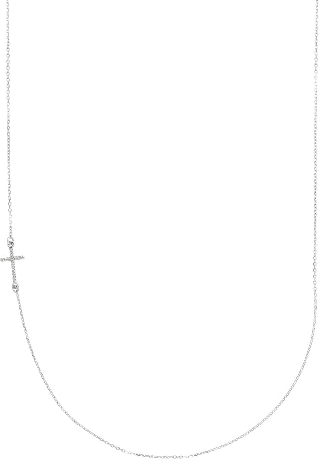 Platinum Round Natural Diamond Accented Sideways Cross Necklace