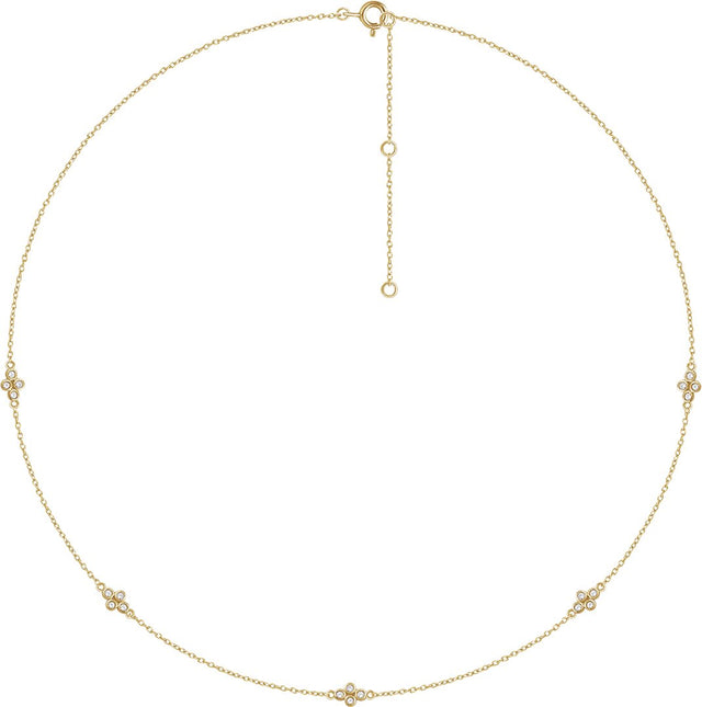 14K Gold Round Natural Diamond Station Necklace - Yellow Gold