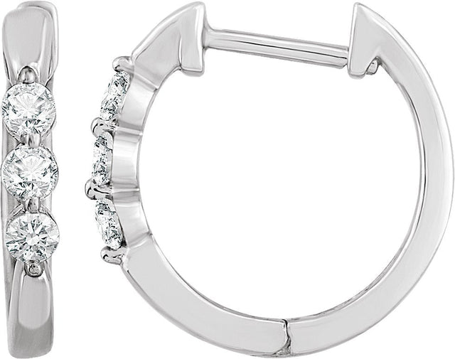 14K Gold Round Natural Diamond Three-Stone Hoop Earrings - White Gold