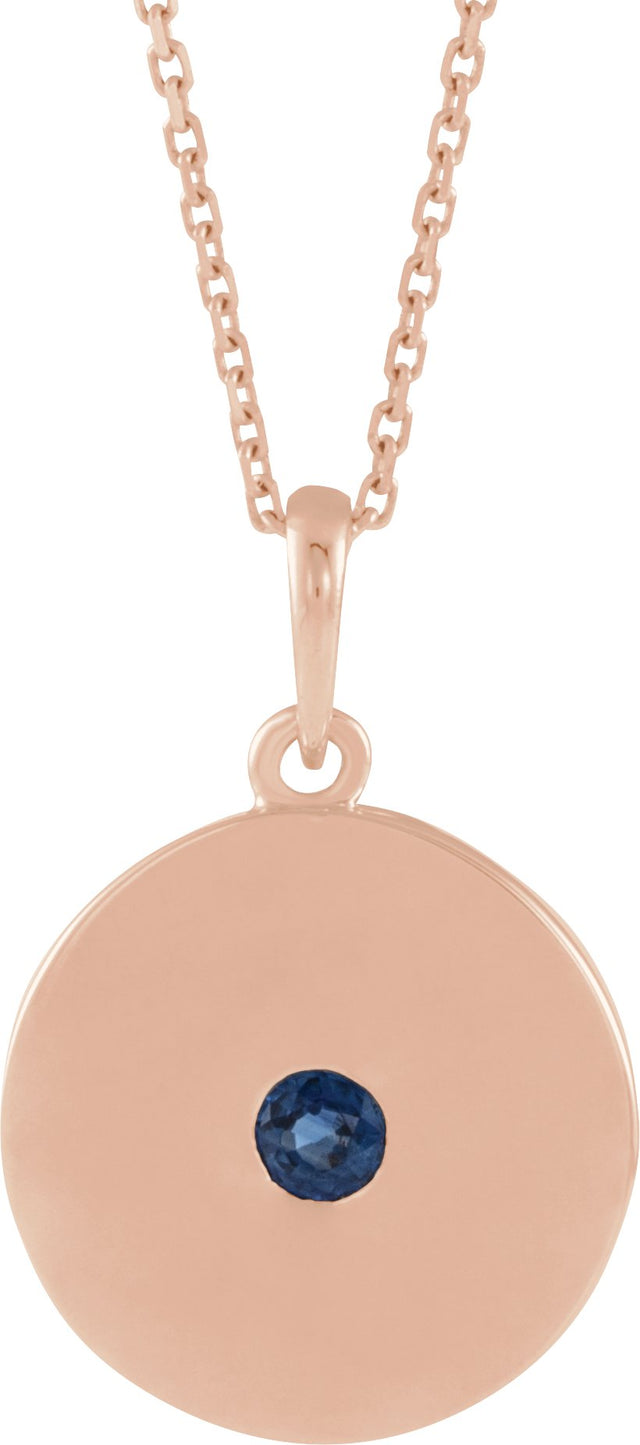 14K Gold Round Lab-Grown Blue Sapphire Disc Necklace or Pendant - Rose Gold