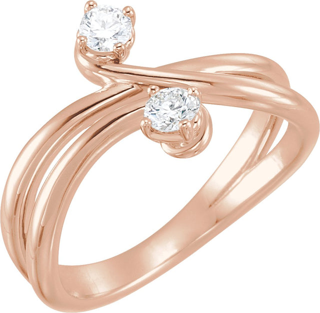 14K Gold Round Natural Diamond Two-Stone Bypass Ring – 3.2mm Stones - Rose Gold
