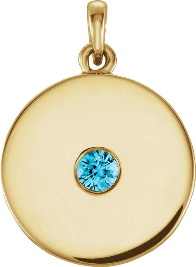 14K Gold Round Natural Blue Zircon Disc Necklace or Pendant - Yellow Gold