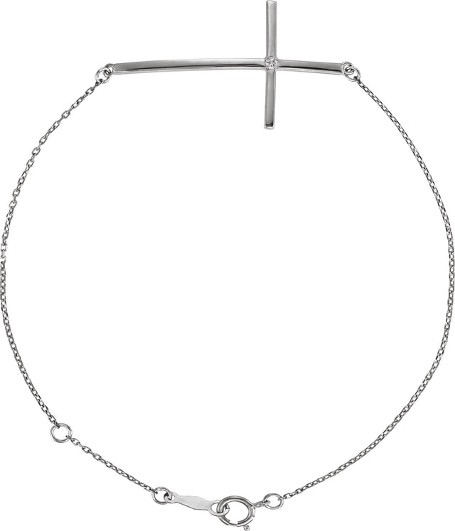 Platinum Round Natural Diamond Accented Sideways Cross Bracelet