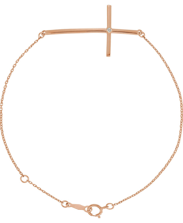 14K Gold Round Natural Diamond Accented Sideways Cross Bracelet - Rose Gold