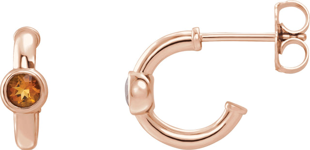 14K Gold Round Natural Citrine Bezel-Set Huggie Earrings - Rose Gold