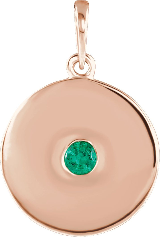 14K Gold Round Natural Emerald Disc Necklace or Pendant - Rose Gold