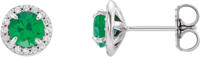 14K Gold Natural Emerald Round 4-Prong Halo-Style Earrings – 3.5-5mm Stones - White Gold