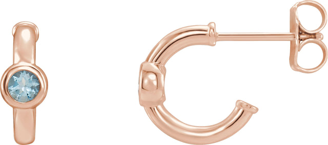 14K Gold Round Natural Aquamarine Bezel-Set Huggie Earrings - Rose Gold